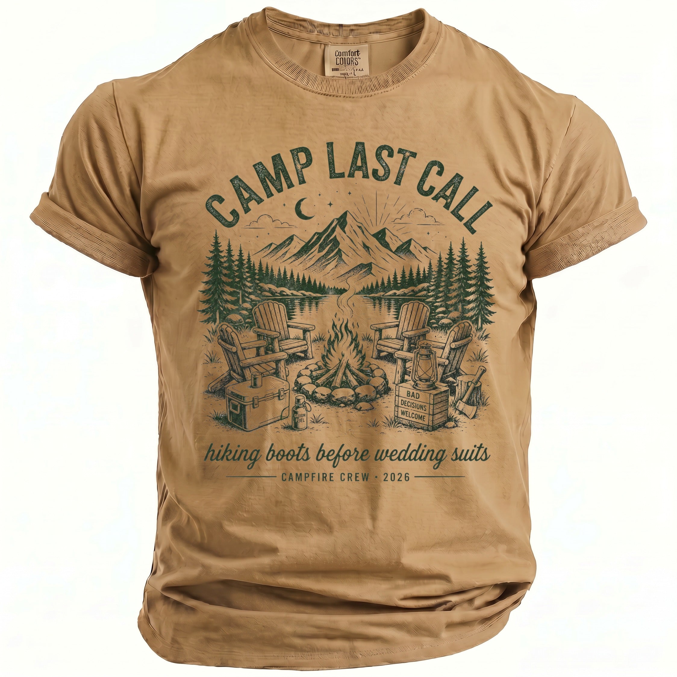T-shirt with "Camp Last Call" graphic featuring mountains, campfire, and chairs. Text: "hiking boots before wedding suits."