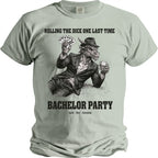Light green t-shirt with a dragon in a suit holding cards and a drink, with "BACHELOR PARTY" text.