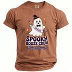 Brown t-shirt with a ghost graphic saying "Groom" and "Spooky Booze Crew Tyler's Bachelor Bash".