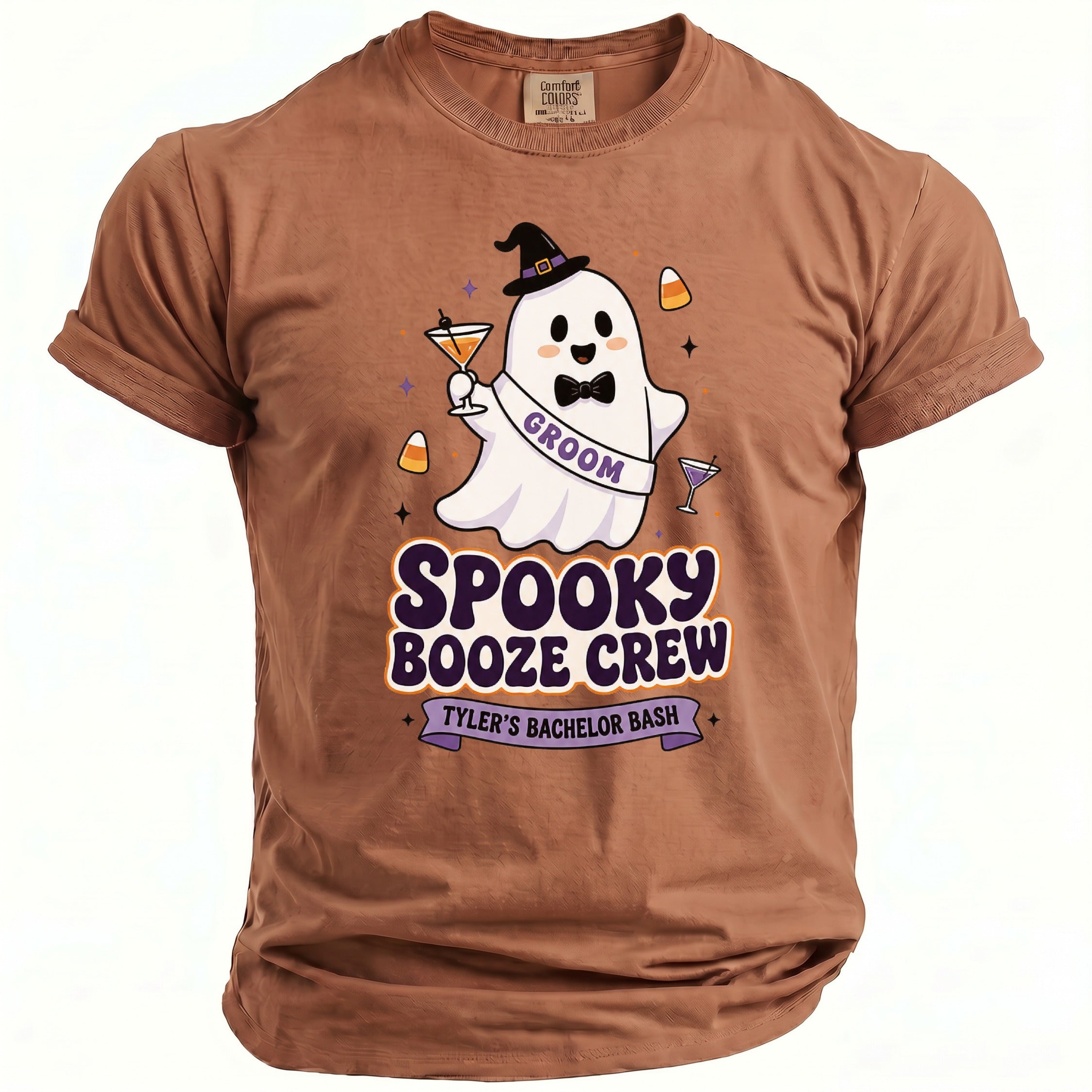 Brown t-shirt with a ghost graphic saying "Groom" and "Spooky Booze Crew Tyler's Bachelor Bash".