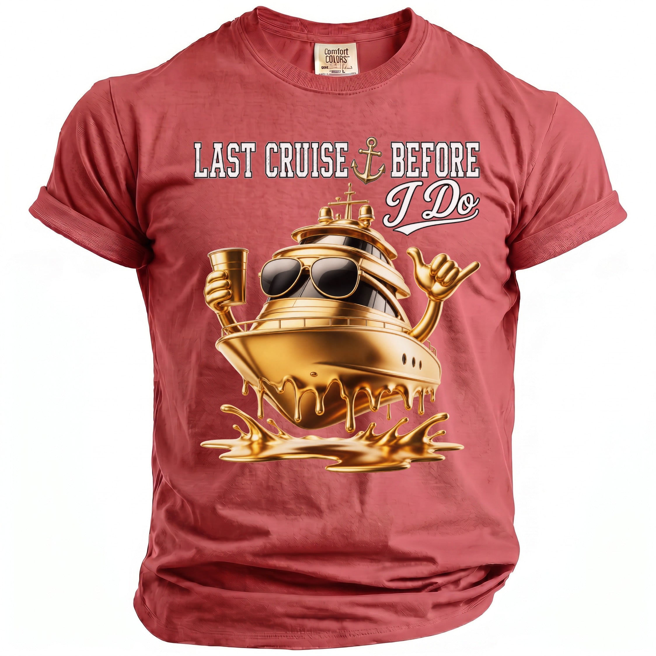T-shirt with "Last Cruise Before I Do" text and golden ship graphic.