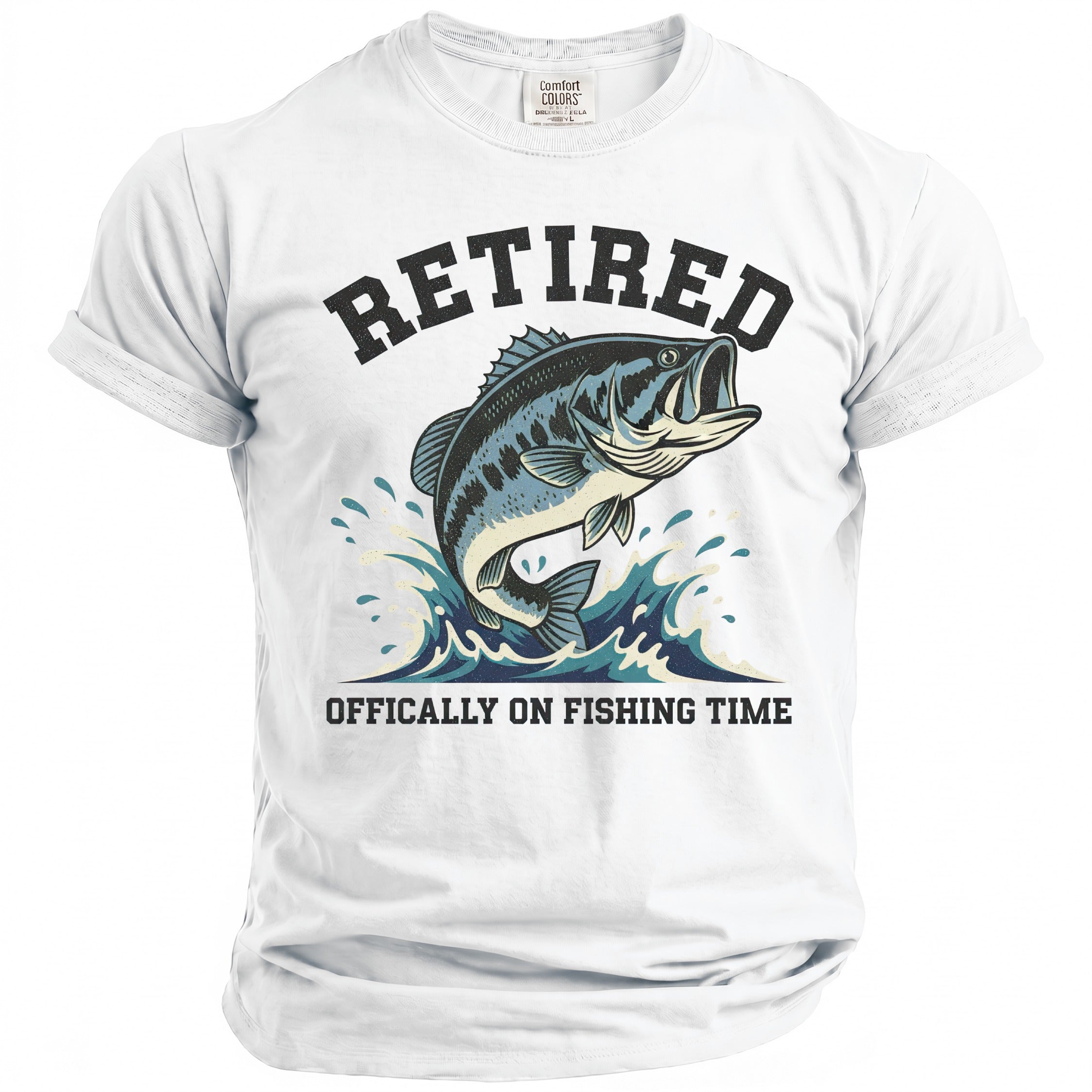 White t-shirt with "RETIRED OFF-ically ON FISHING TIME" text and jumping bass design.