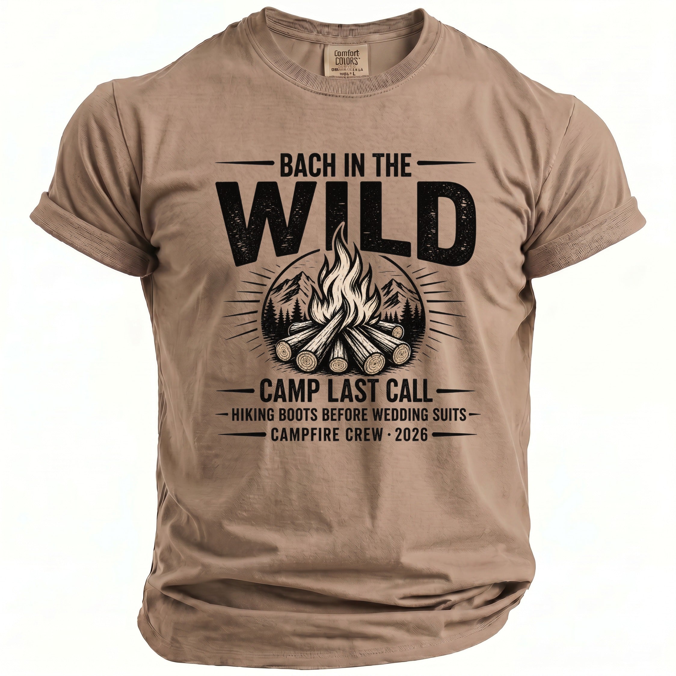 T-shirt with "Bach in the Wild" text, campfire, and mountains graphic.