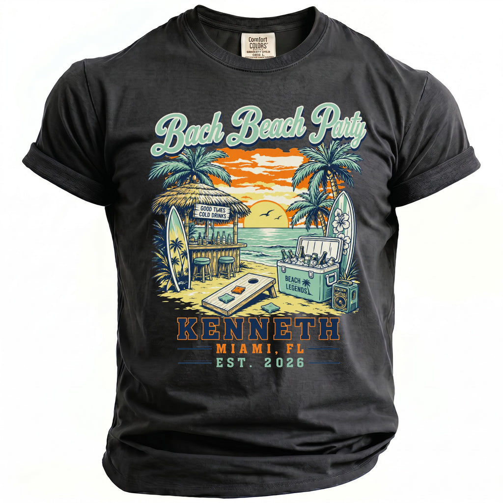 T-shirt graphic: "Bach Beach Party" with beach scene, "Kenneth Miami FL Est. 2026".