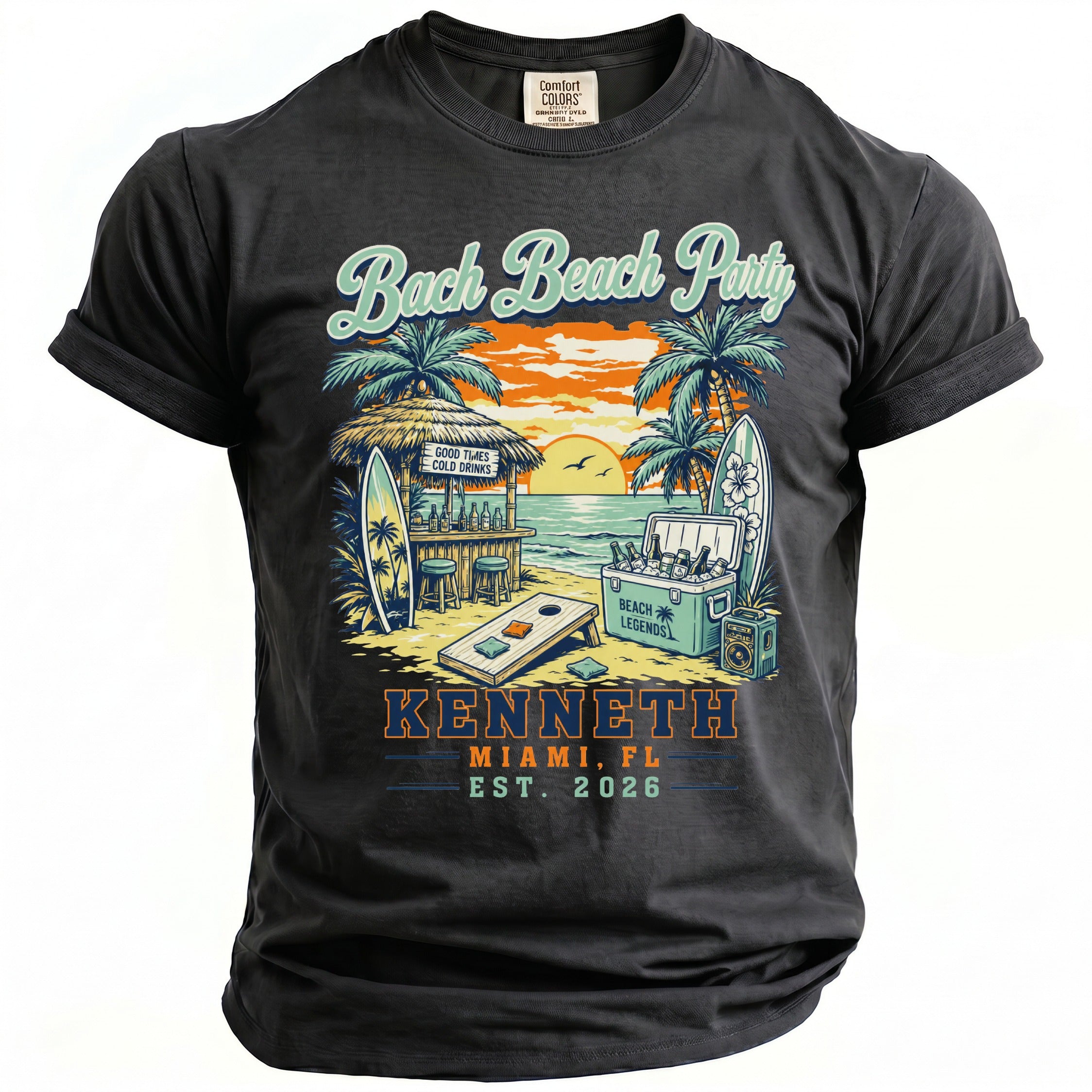 T-shirt graphic: "Bach Beach Party" with beach scene, "Kenneth Miami FL Est. 2026".