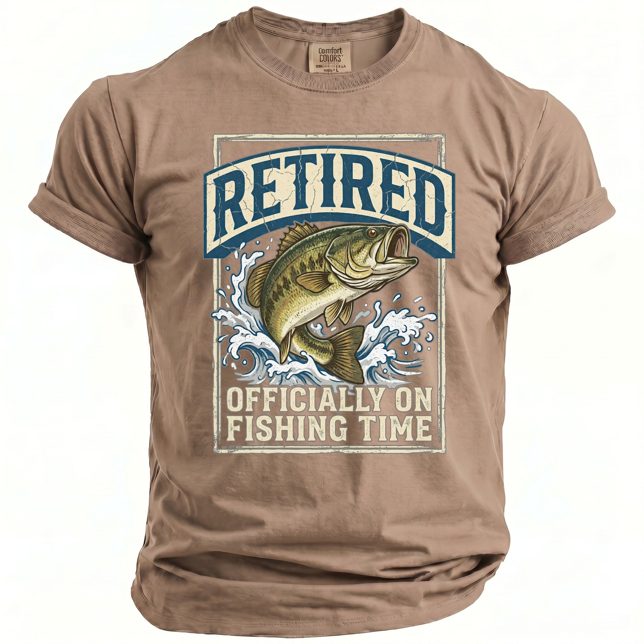 Brown t-shirt with graphic of a bass fish jumping out of water and text "RETIRED OFFICIALLY ON FISHING TIME."