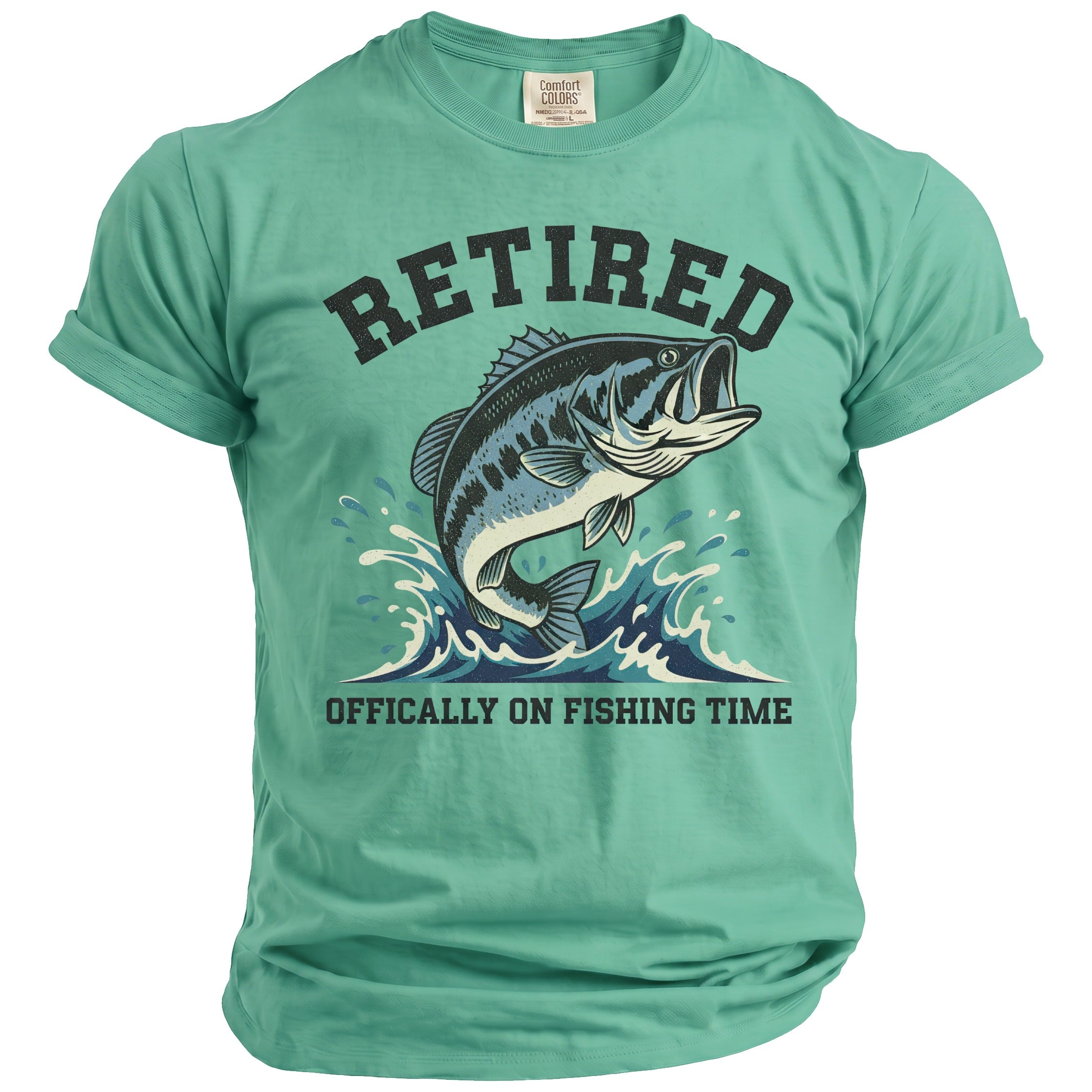 Green t-shirt with "RETIRED" and a jumping bass fish over waves.