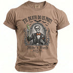 T-shirt with skeleton in suit holding drink, "Til Death Do Us Party" and "Mike's Bach" text.