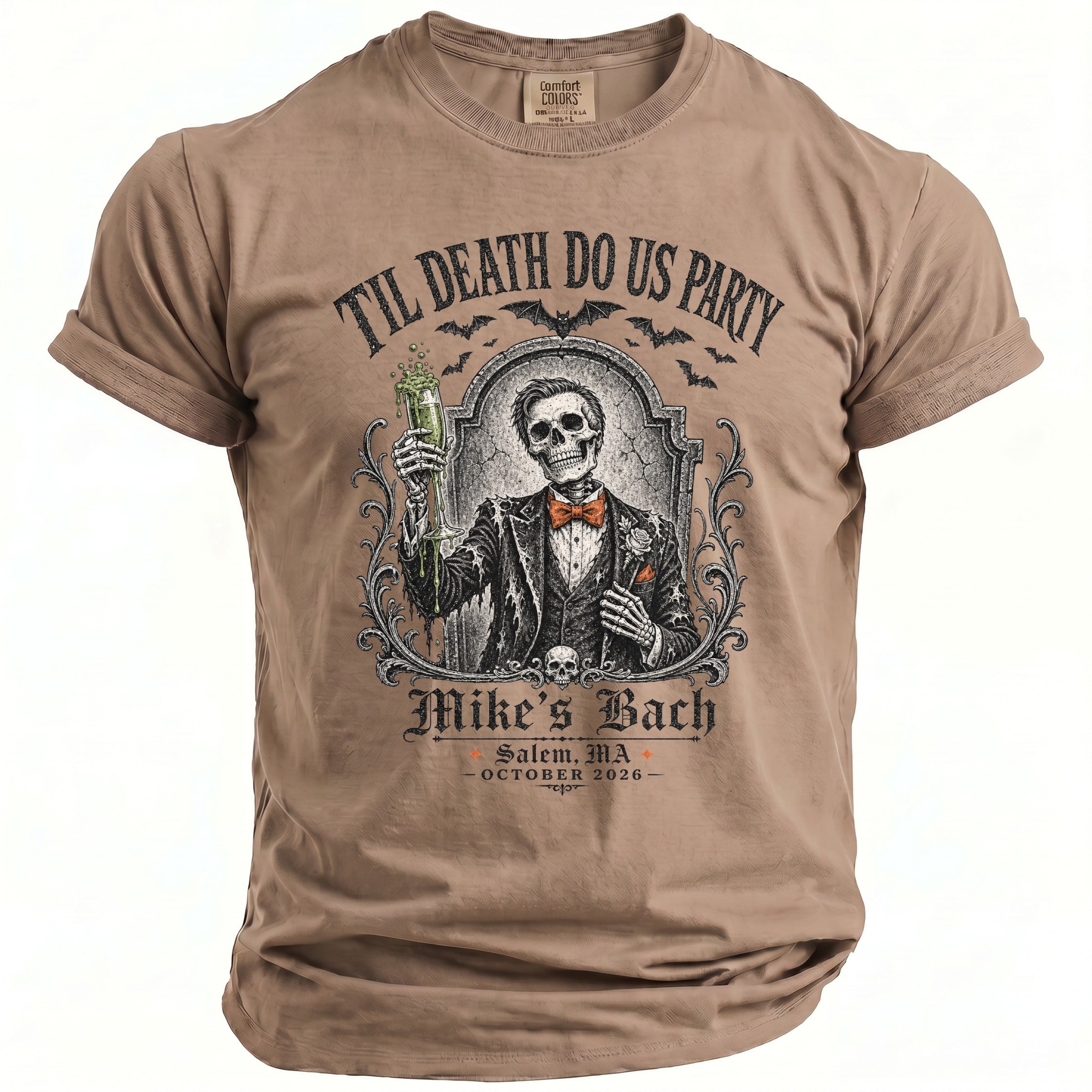T-shirt with skeleton in suit holding drink, "Til Death Do Us Party" and "Mike's Bach" text.
