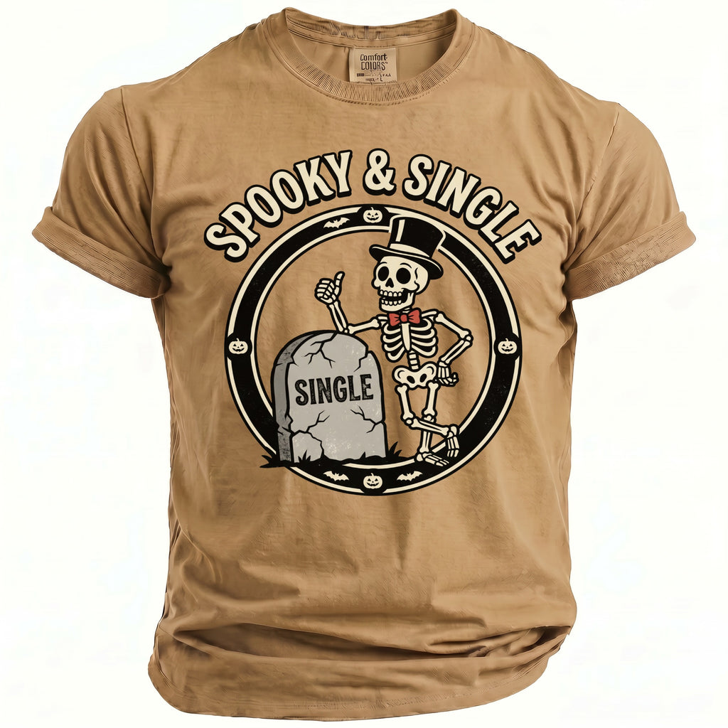Tan t-shirt with "Spooky & Single" text and skeleton giving a thumbs up.