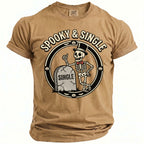 Tan t-shirt with "Spooky & Single" text and skeleton giving a thumbs up.