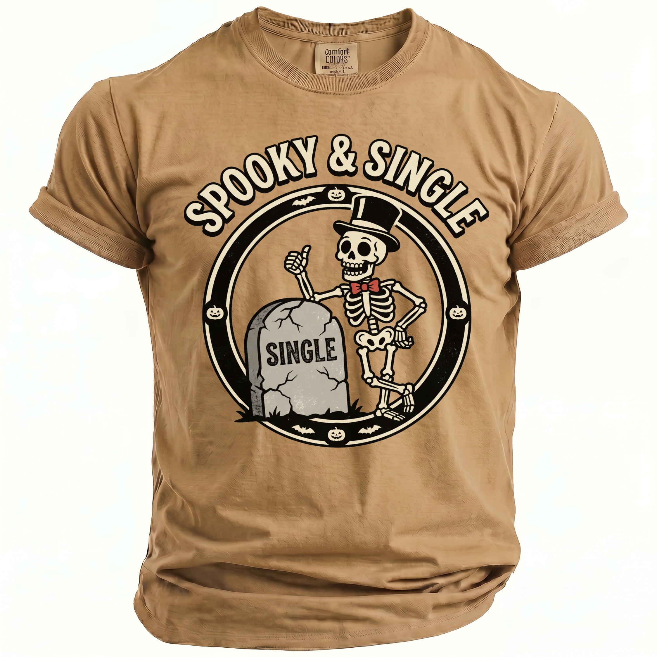 Tan t-shirt with "Spooky & Single" text and skeleton giving a thumbs up.