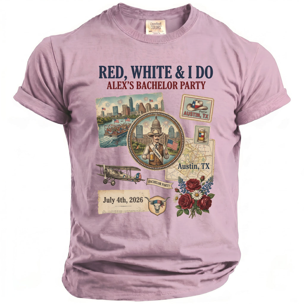T-shirt with "RED, WHITE & I DO ALEX'S BACHELOR PARTY" text and Austin themed graphics.