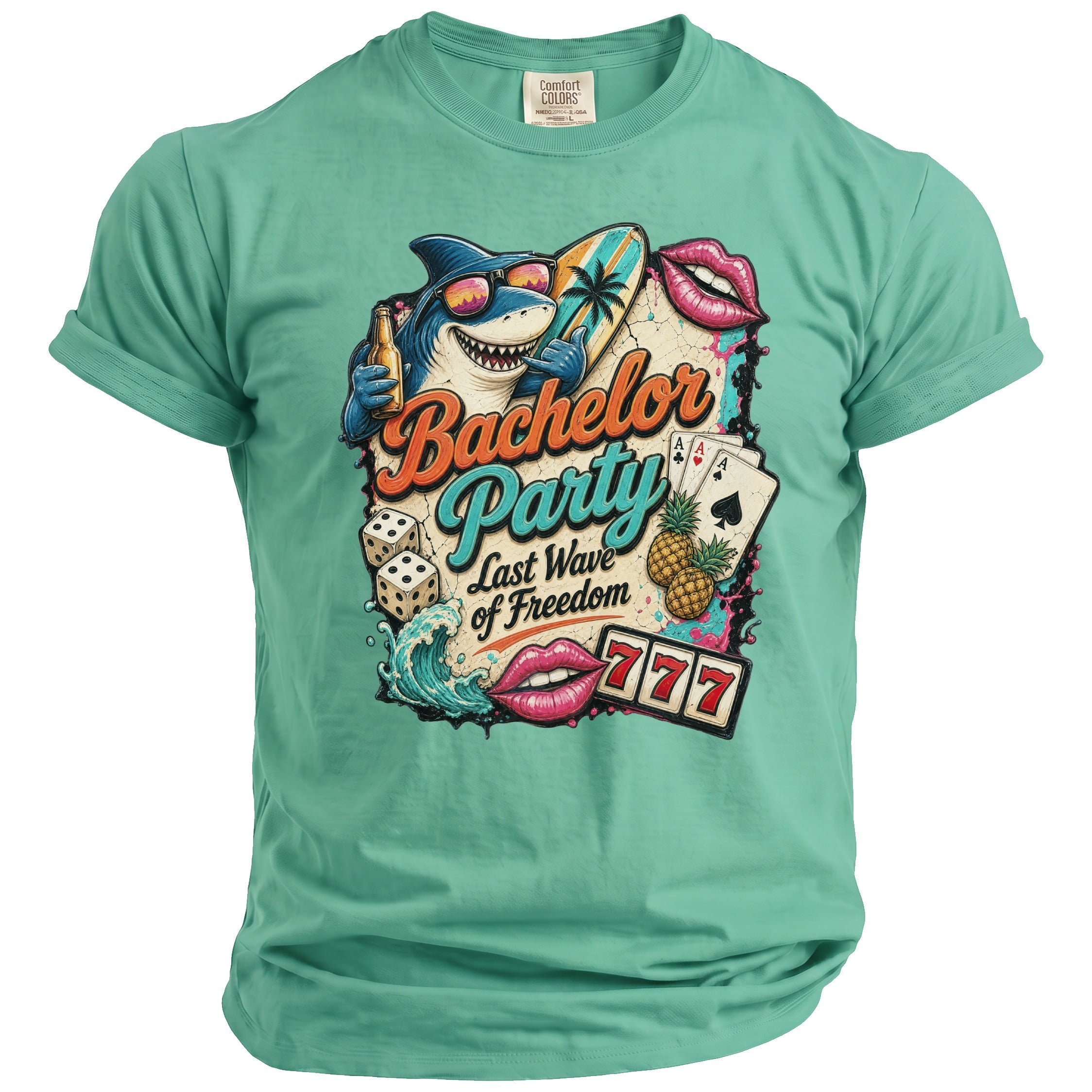 T-shirt with a shark, surfboard, dice, playing cards, and text "Bachelor Party Last Wave of Freedom".