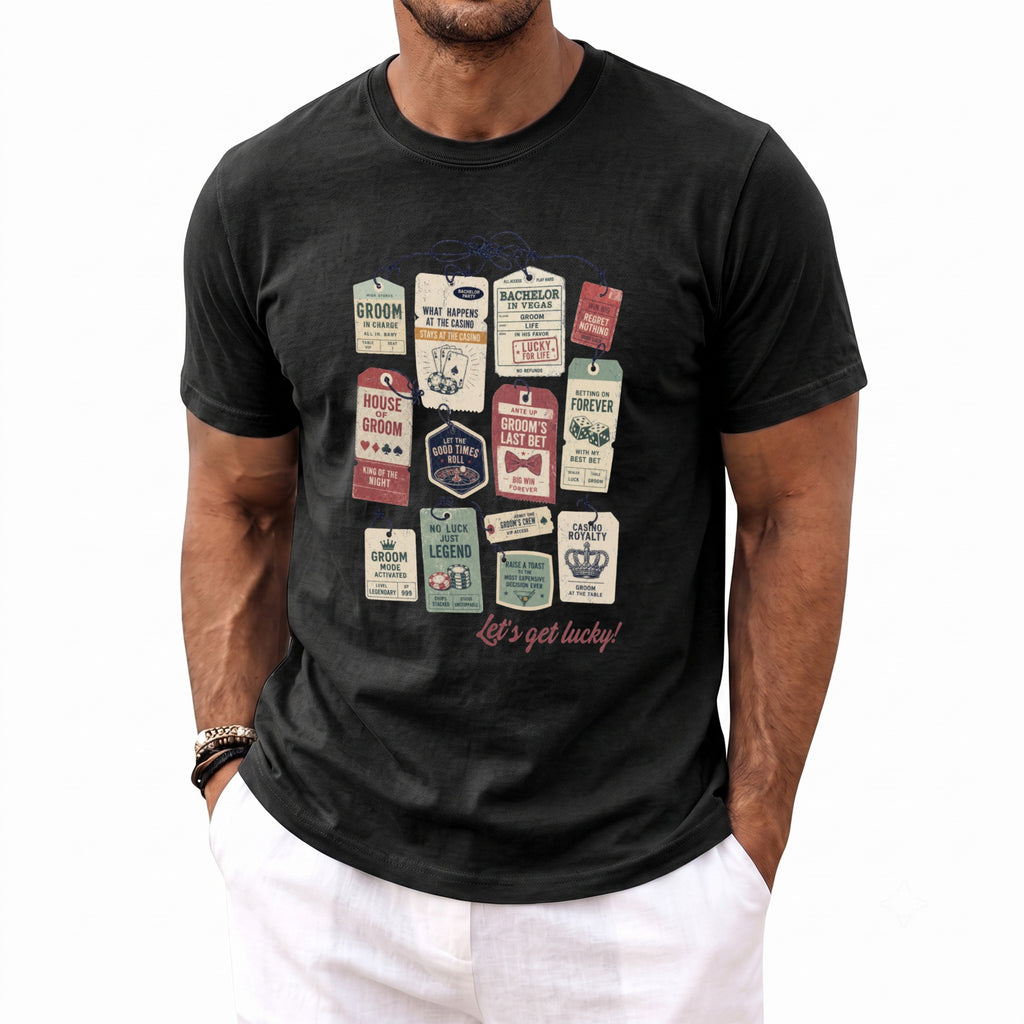 Black t-shirt with a graphic of casino-themed tags and "Let's get lucky!"