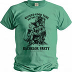 Green t-shirt with graphic of man in throne, cat, and "Bachelor Party" text.