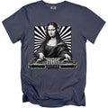 Mona Lisa with headphones and DJ turntables on a dark blue t-shirt.