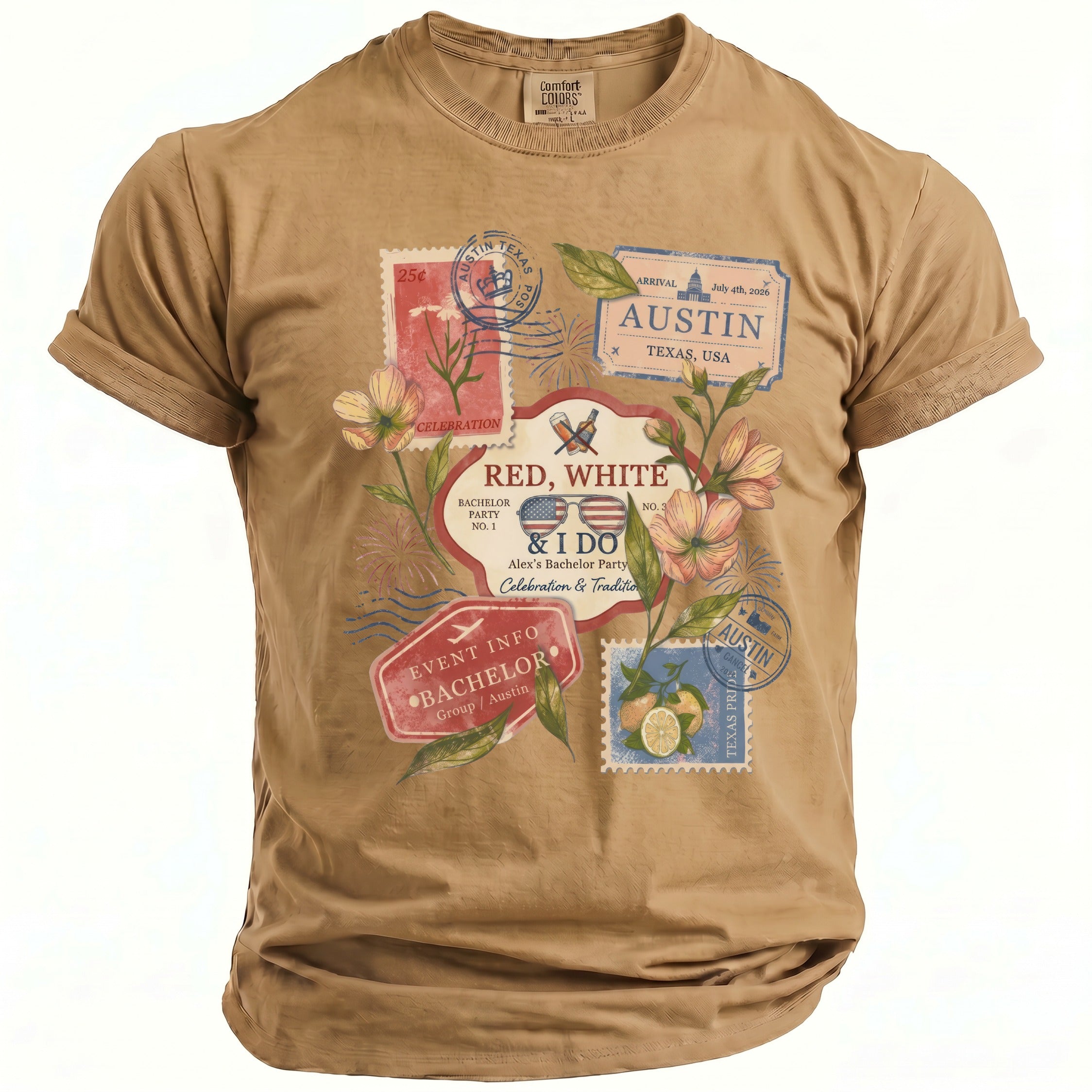 Brown t-shirt with "Red, White & I Do Alex's Bachelor Party" graphic.