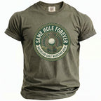 Olive green t-shirt with "Same Hole Forever Bachelor Golf Weekend 2026" graphic.