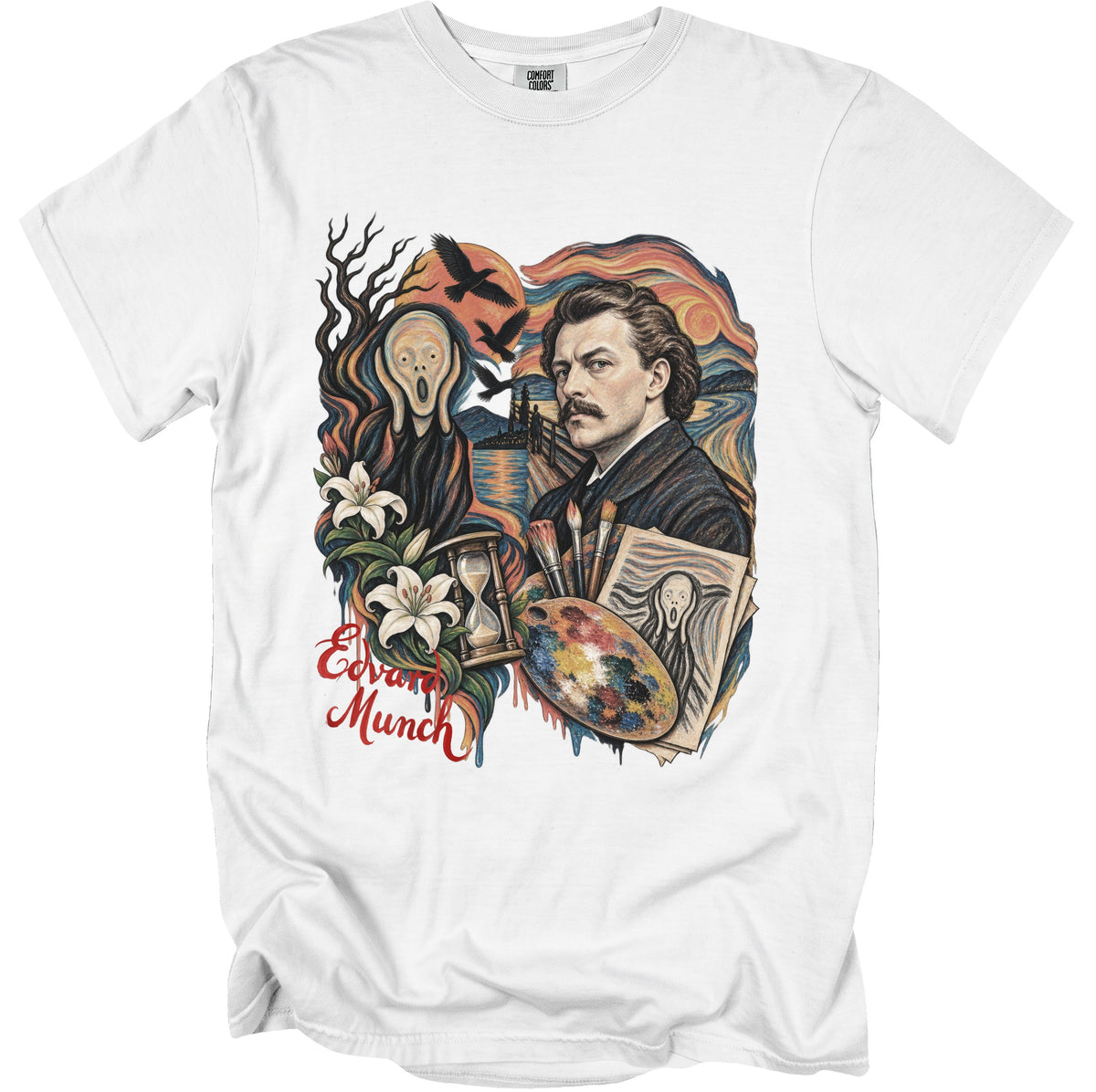 White t-shirt with Edvard Munch portrait, The Scream, and art supplies.