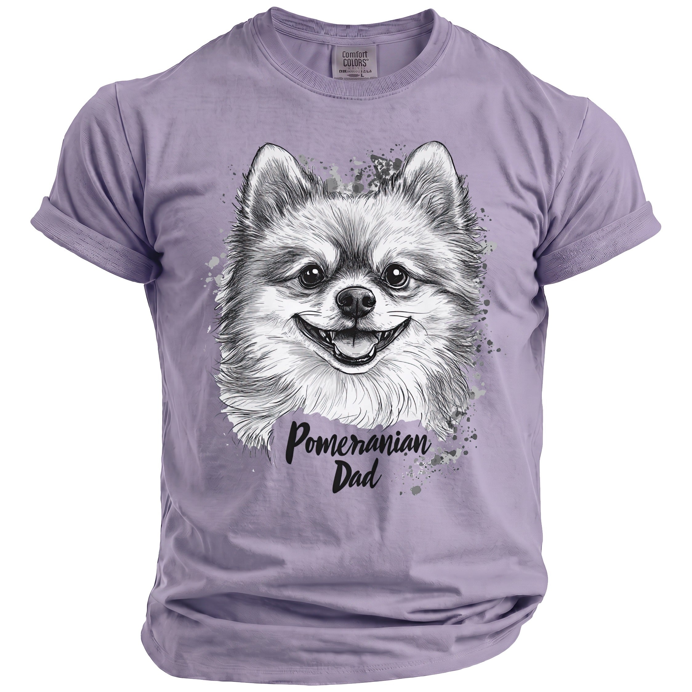 Lavender t-shirt with a sketch of a smiling Pomeranian and text "Pomeranian Dad".