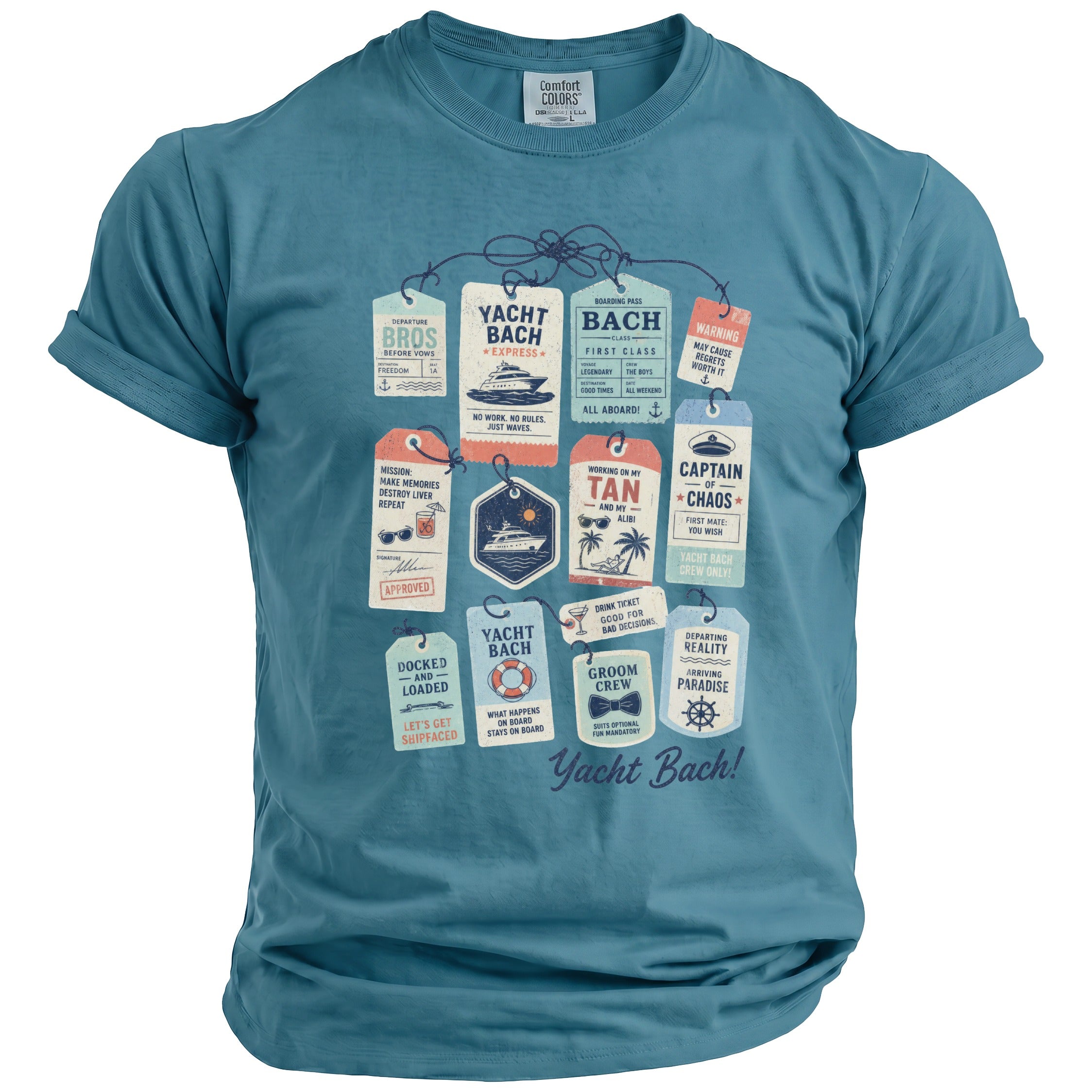 Teal t-shirt with a graphic design of luggage tags for a "Yacht Bach" trip.