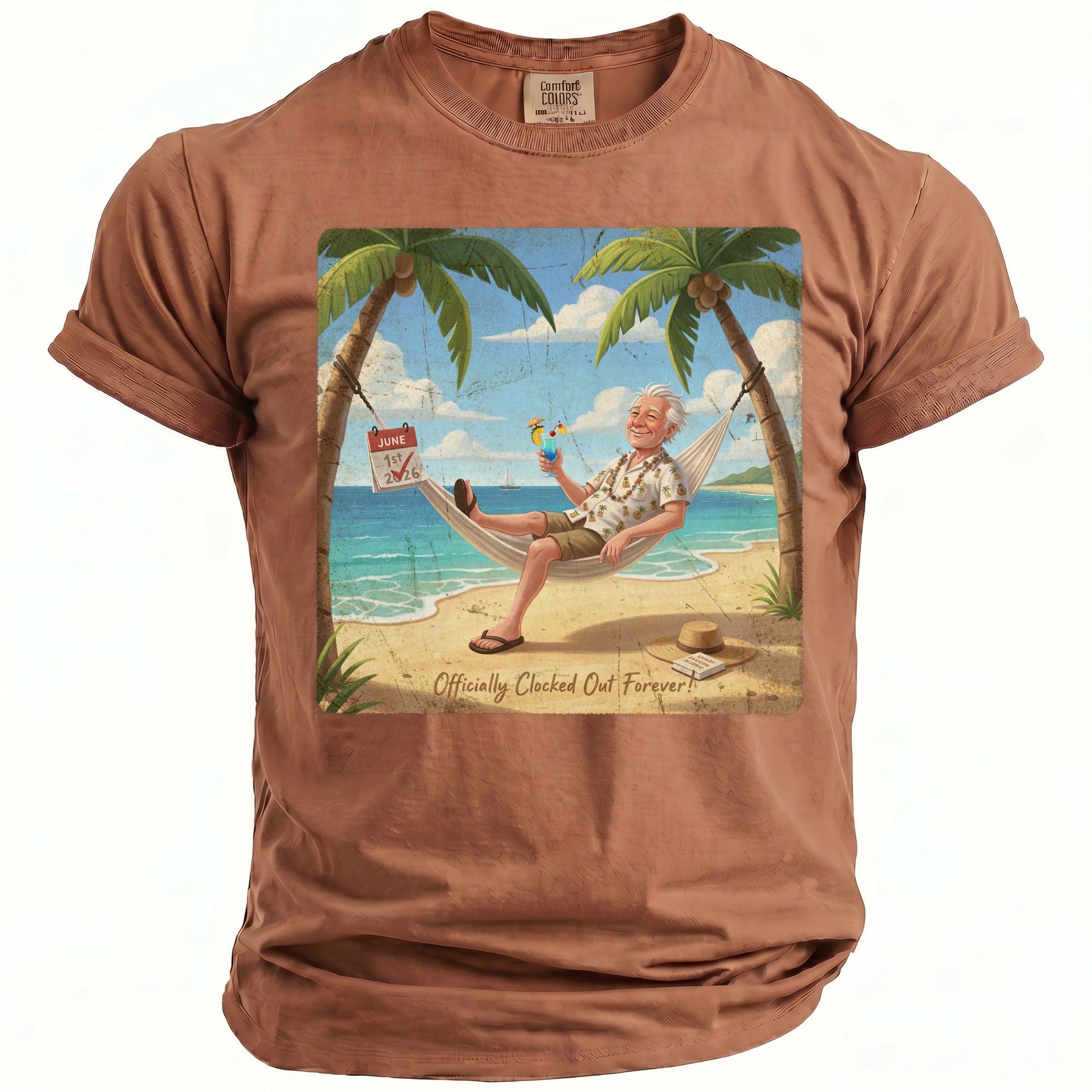 T-shirt with graphic of smiling man in hammock on beach, reading "Officially Clocked Out Forever!"