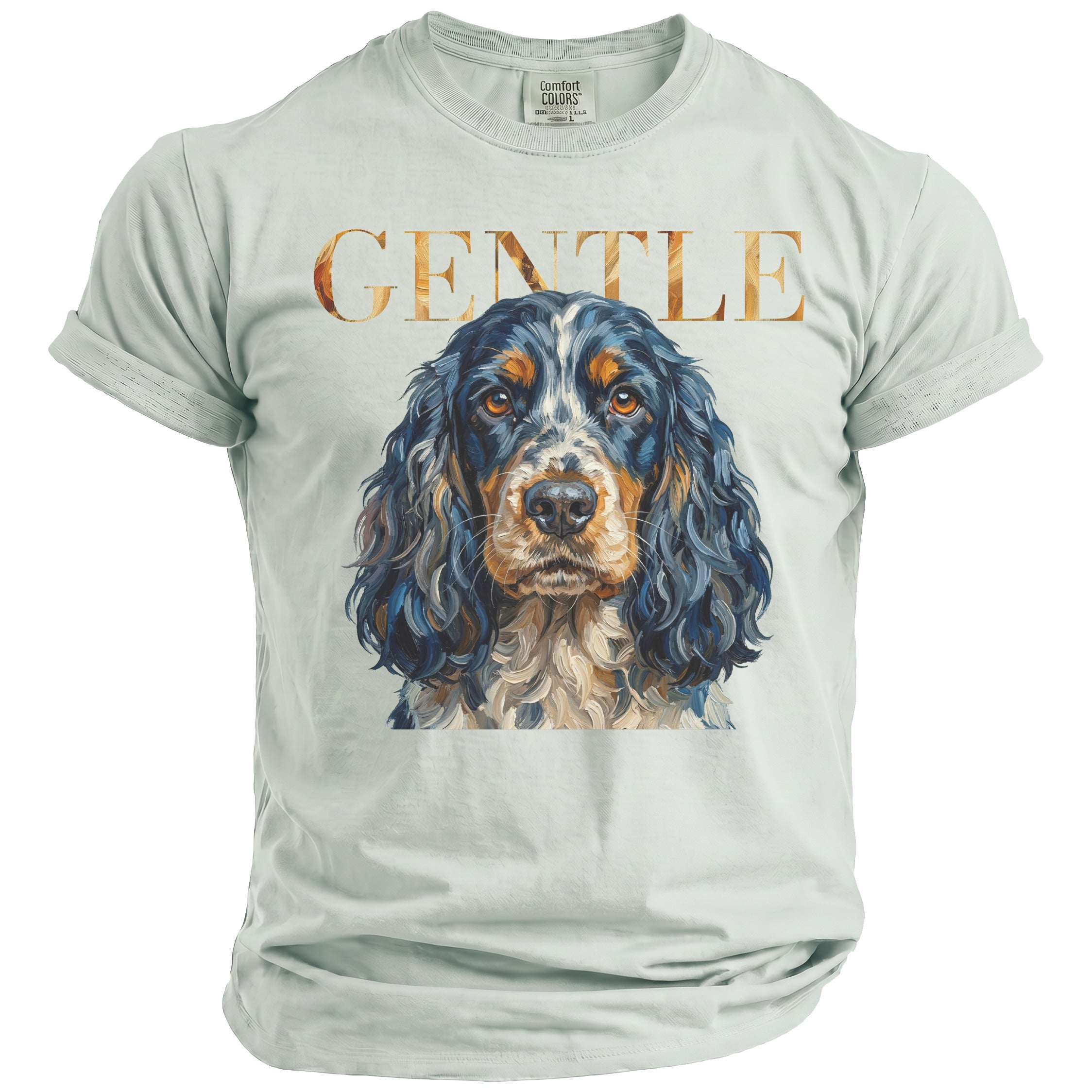 Light blue t-shirt with a portrait of a spaniel dog and the word "GENTLE" above.