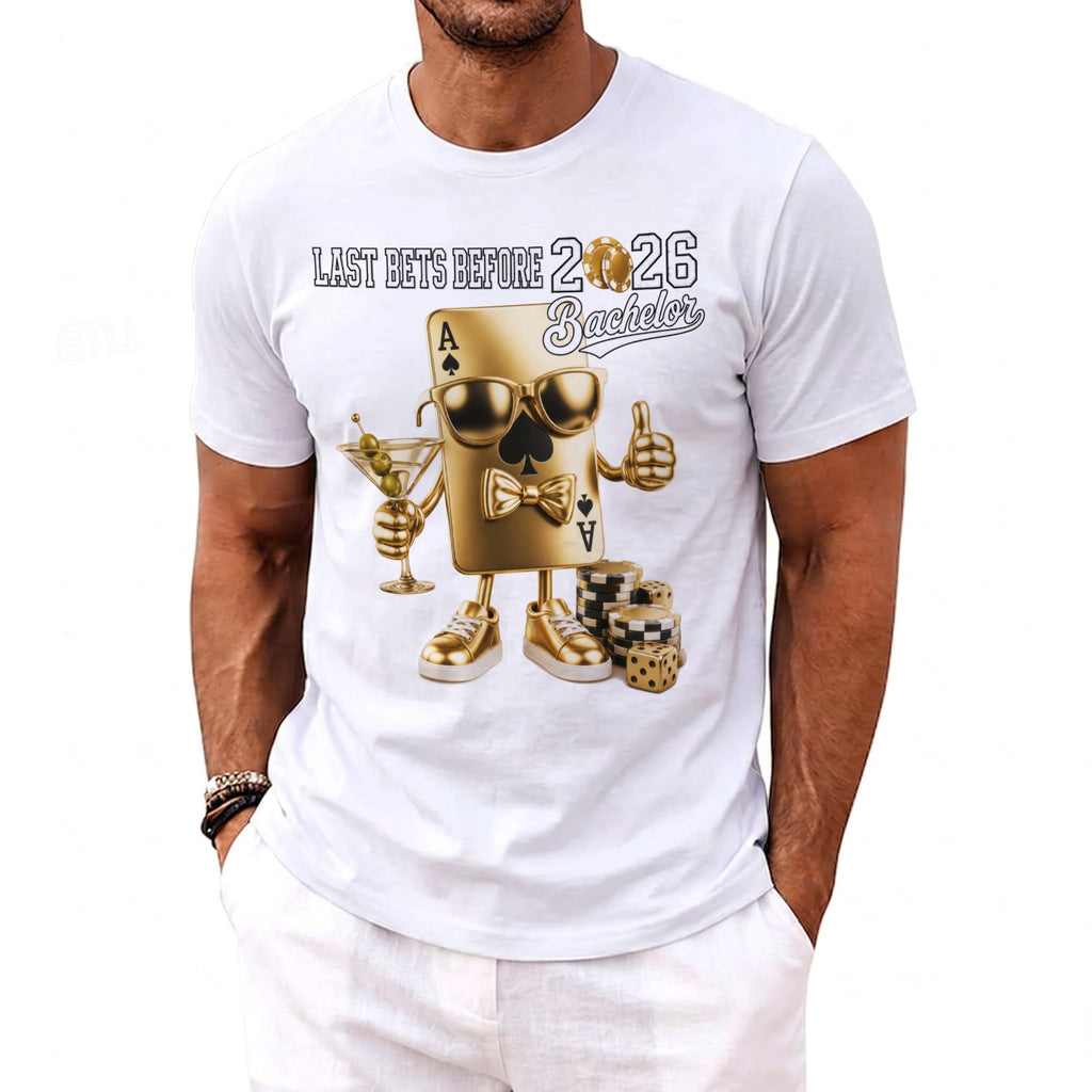 White t-shirt with ace of spades graphic: "LAST BETS BEFORE 2026 Bachelor"