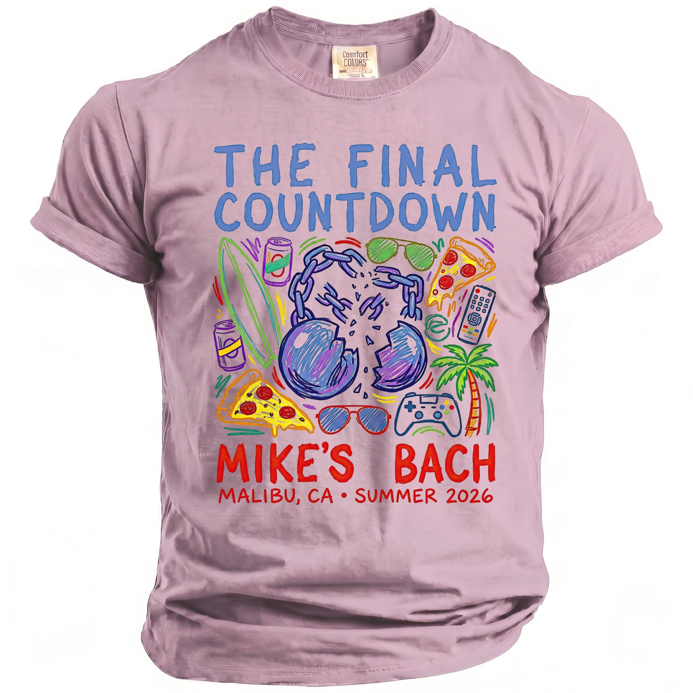 T-shirt with "The Final Countdown" and "Mike's Bach Malibu, CA Summer 2026" graphics.