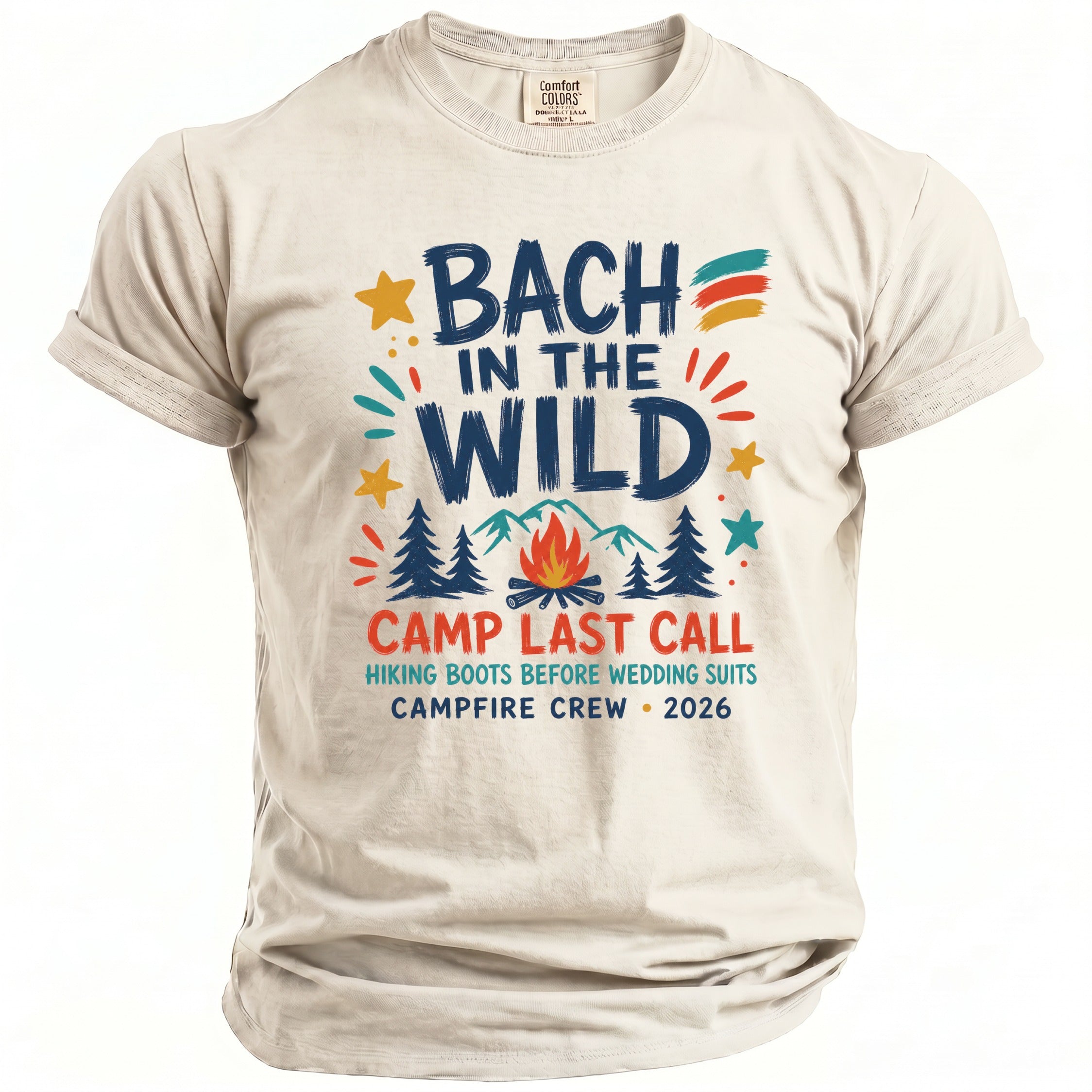T-shirt with "Bach in the Wild" campfire graphic and text.