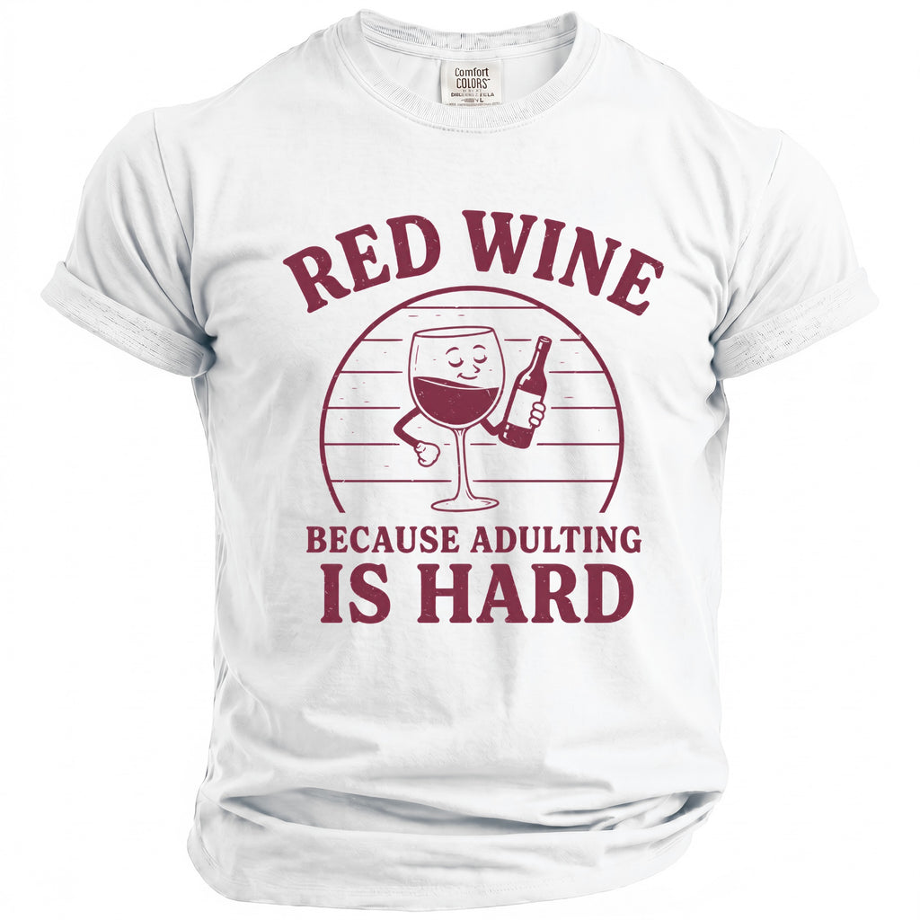 White t-shirt with burgundy text and graphic of wine glass and bottle.