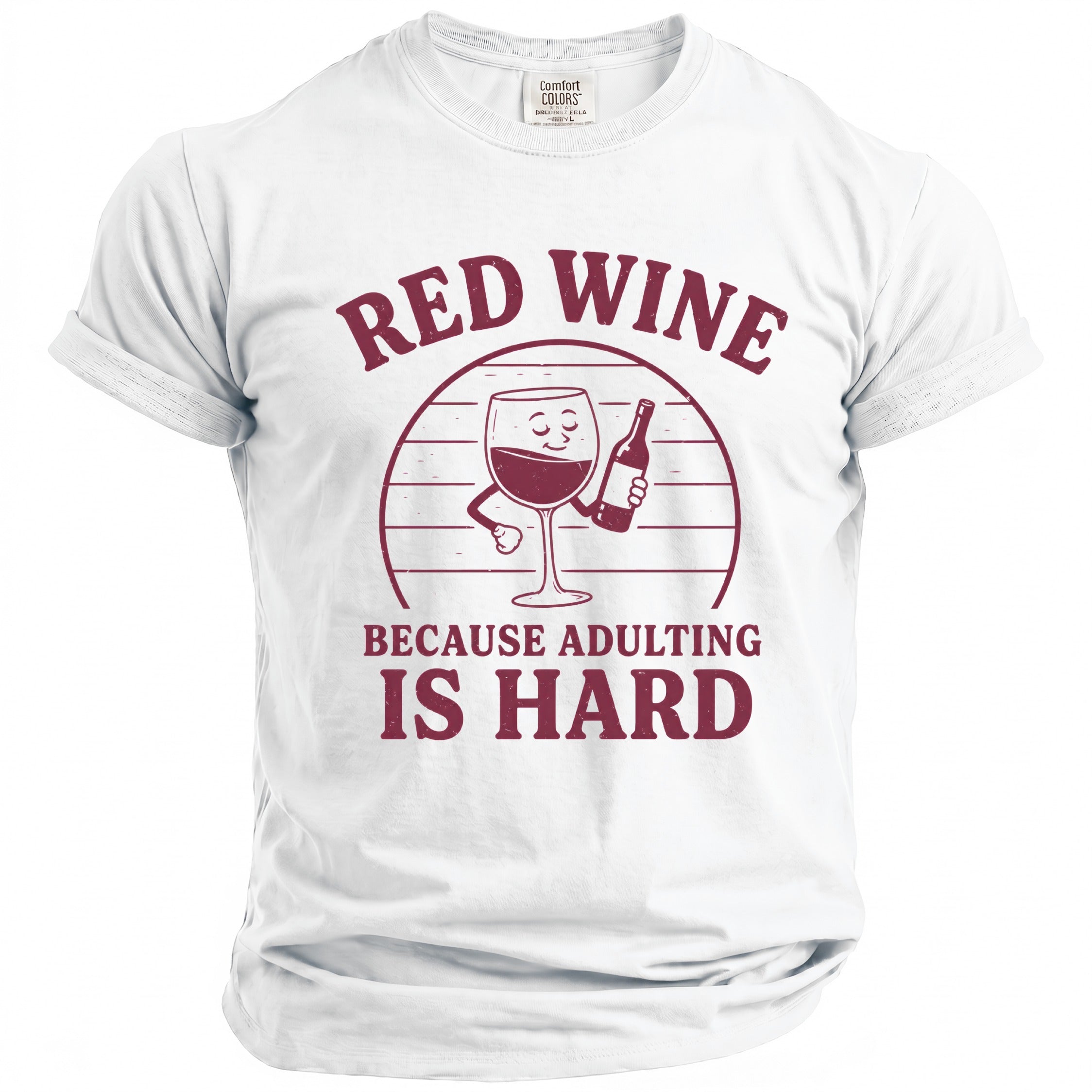 White t-shirt with burgundy text and graphic of wine glass and bottle.