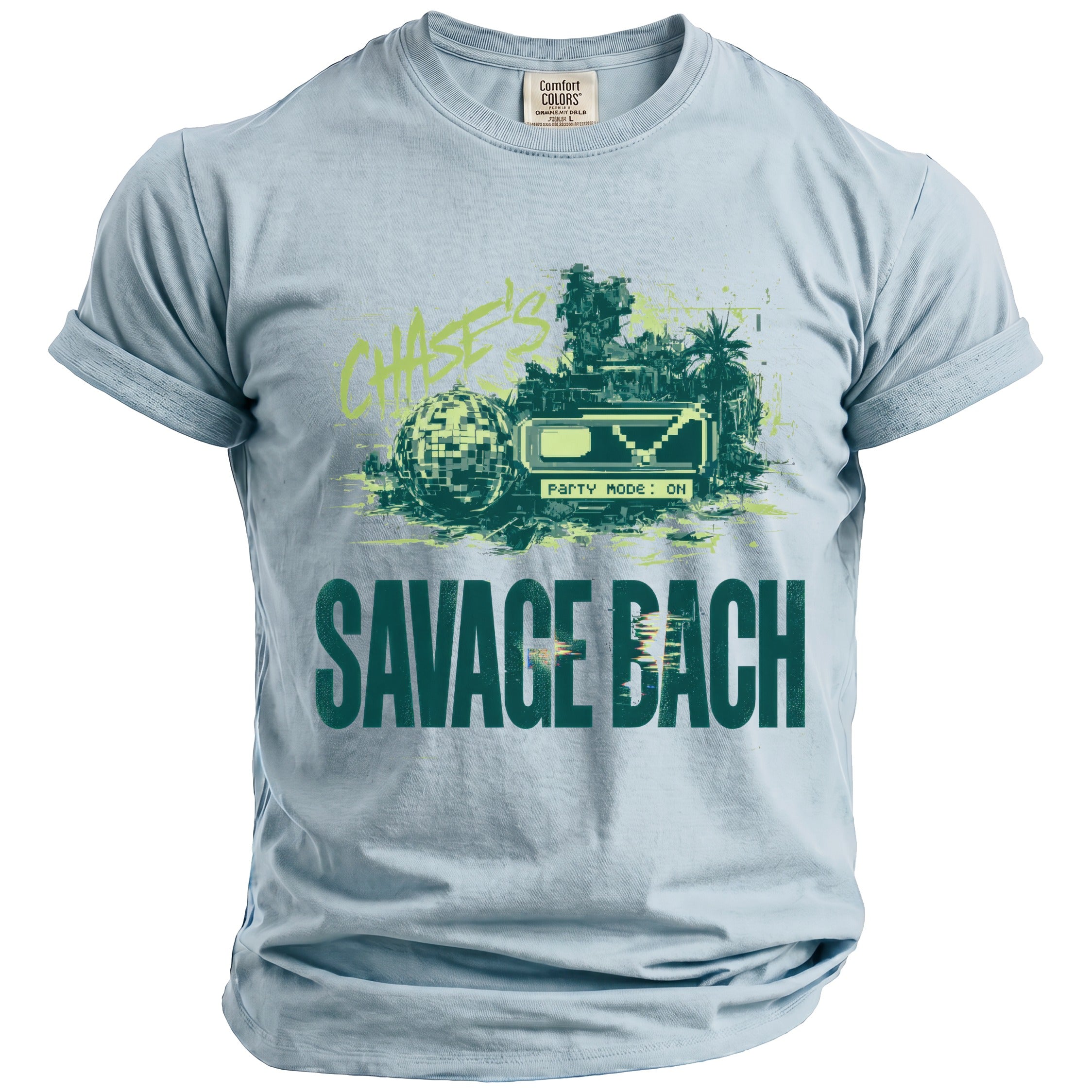 Light blue t-shirt with "CHASE'S" graffiti, pixelated screen, and "SAVAGE BACH" text.