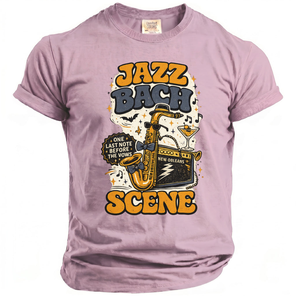 Pink t-shirt featuring "Jazz Bach Scene" text, saxophone, amplifier, and cocktail.