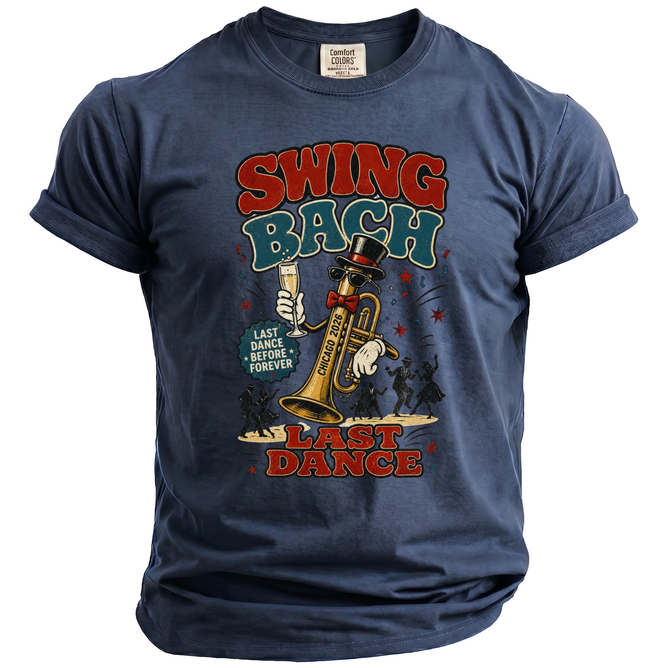 T-shirt with trumpet graphic, "Swing Bach," and "Last Dance" text.