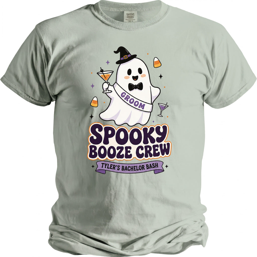 T-shirt with ghost character in hat holding cocktail, "Spooky Booze Crew Tyler's Bachelor Bash" text.