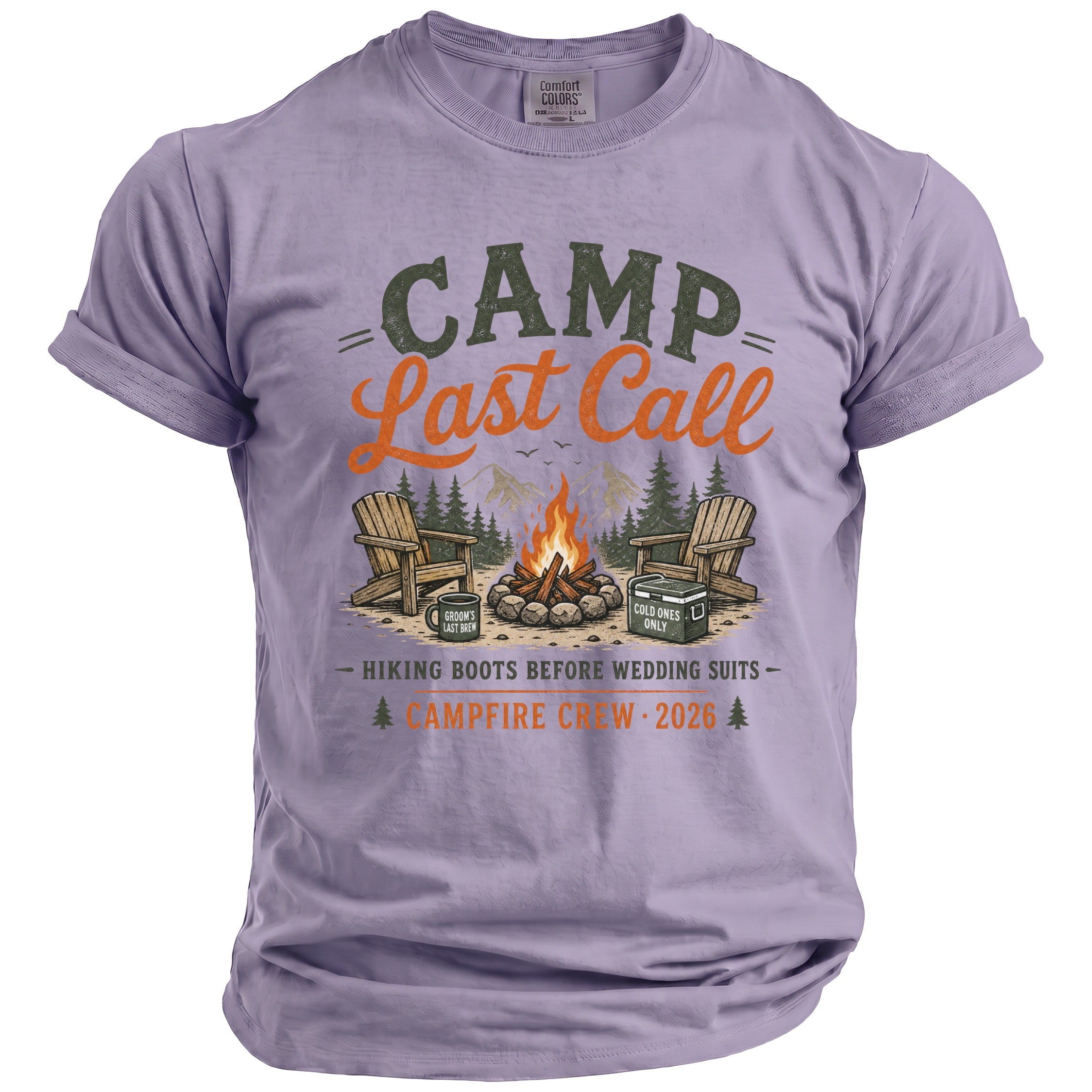 T-shirt with "CAMP Last Call" graphic of campfire, chairs, and cooler.