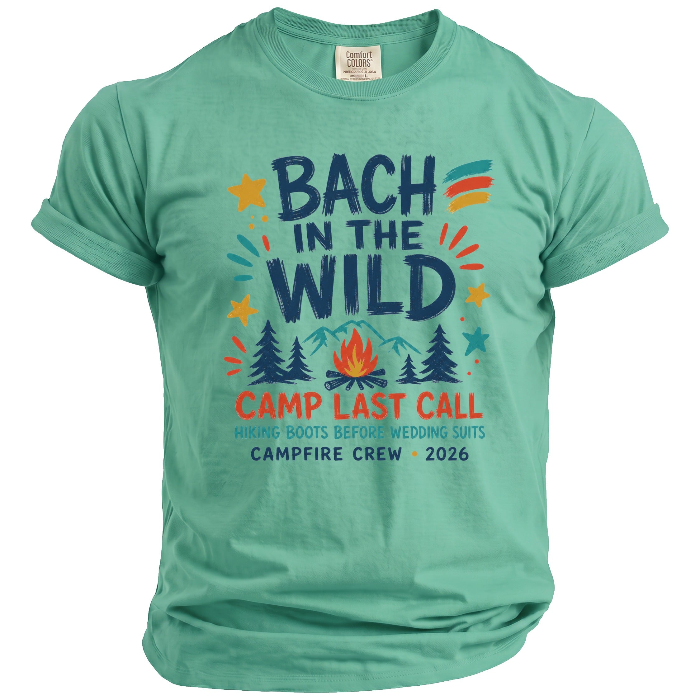Green t-shirt with "Bach in the Wild," campfire, mountains, and "Campfire Crew 2026."