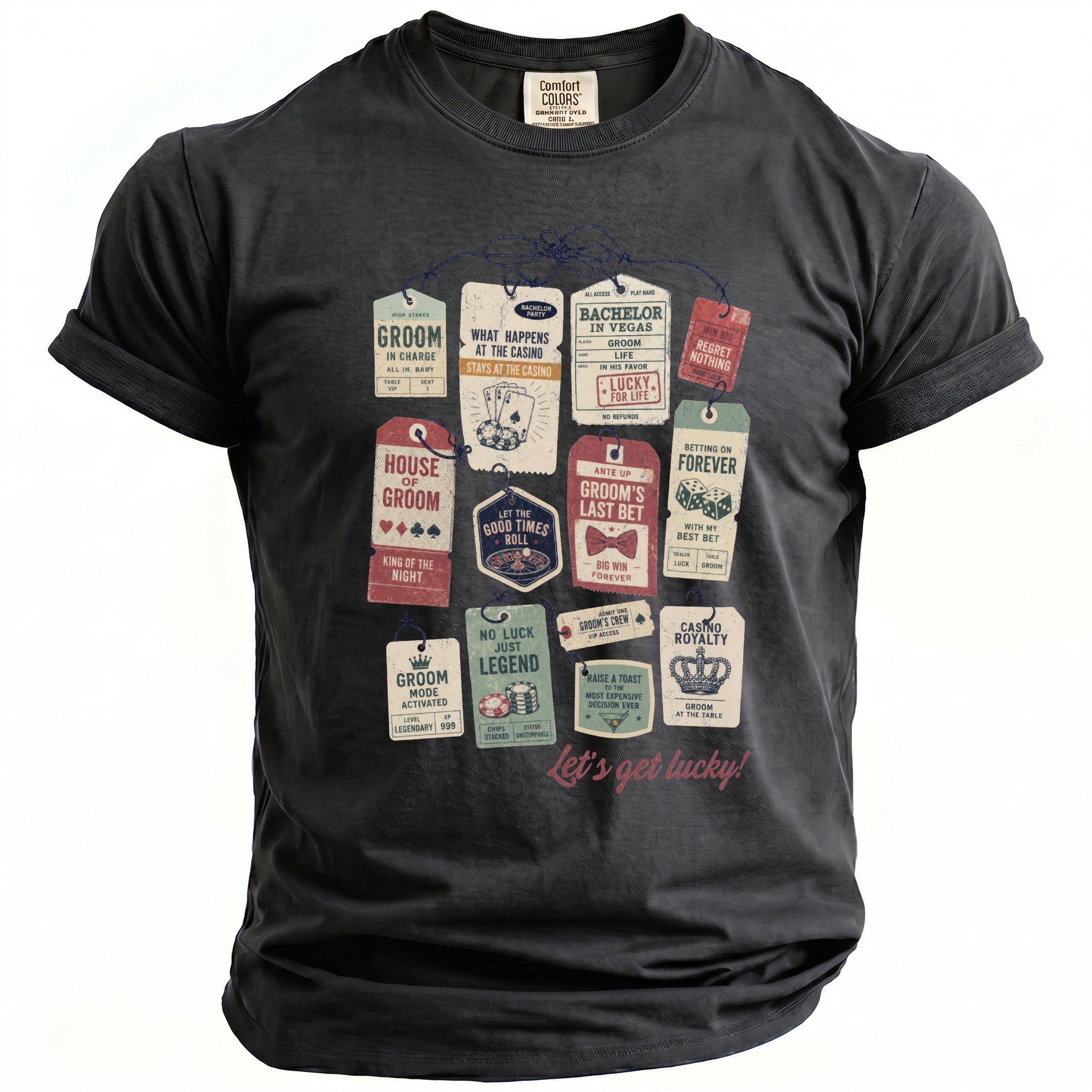 T-shirt with casino-themed tags and "Let's get lucky!" text.