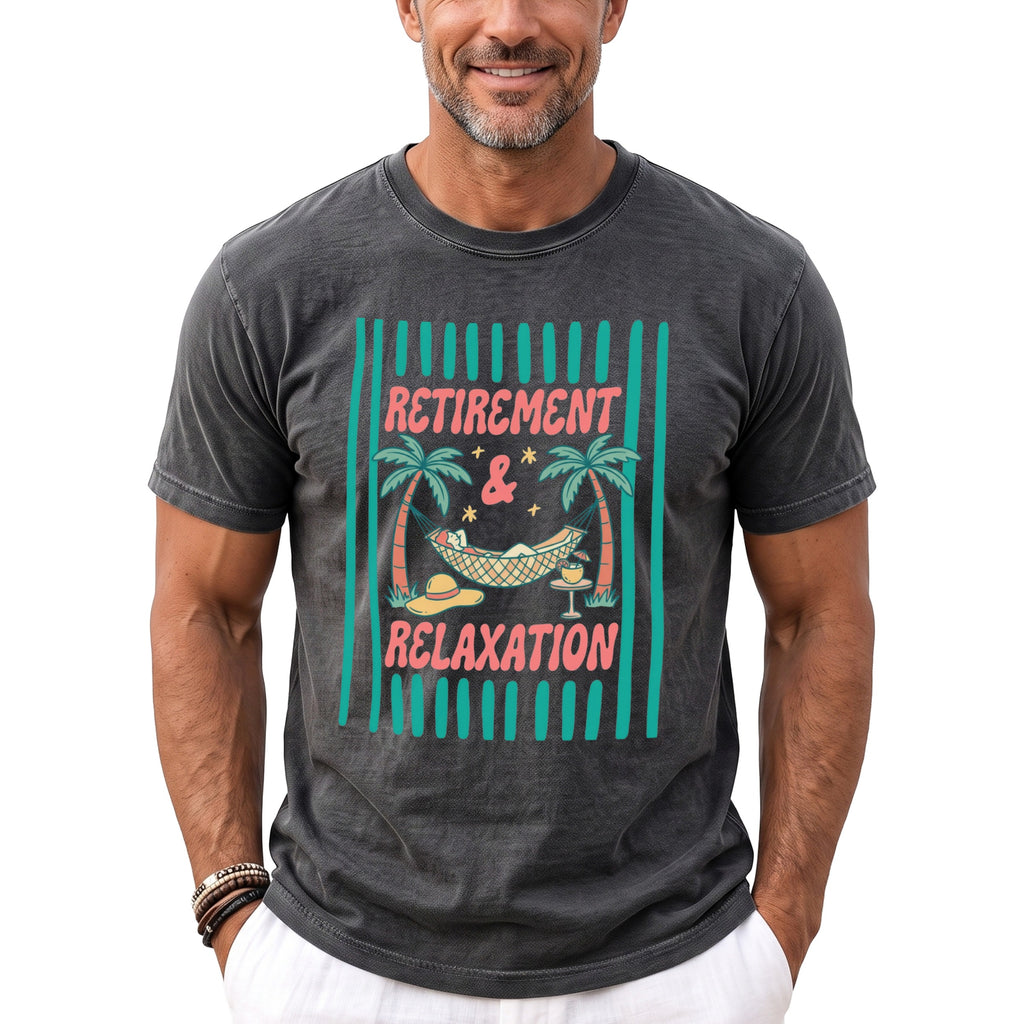 Gray t-shirt with "Retirement & Relaxation" text and beach scene.