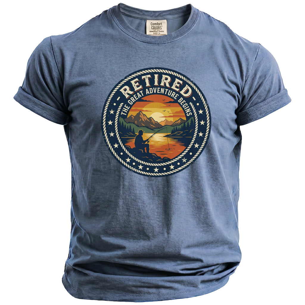 Blue t-shirt with circular graphic: "Retired The Great Adventure Begins".