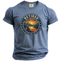 Blue t-shirt with circular graphic: "Retired The Great Adventure Begins".