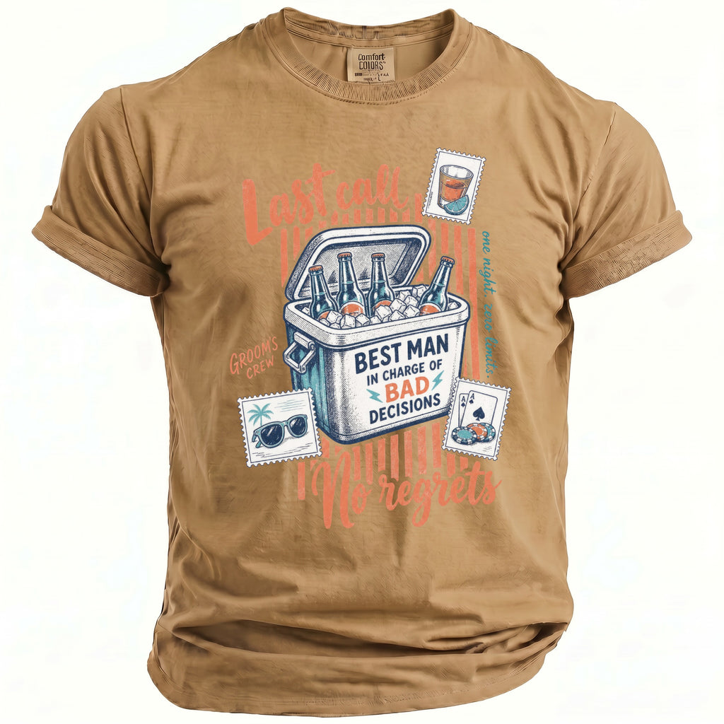 Tan t-shirt with graphic of cooler of beer, text "BEST MAN IN CHARGE OF BAD DECISIONS".