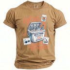 Tan t-shirt with graphic of cooler of beer, text "BEST MAN IN CHARGE OF BAD DECISIONS".