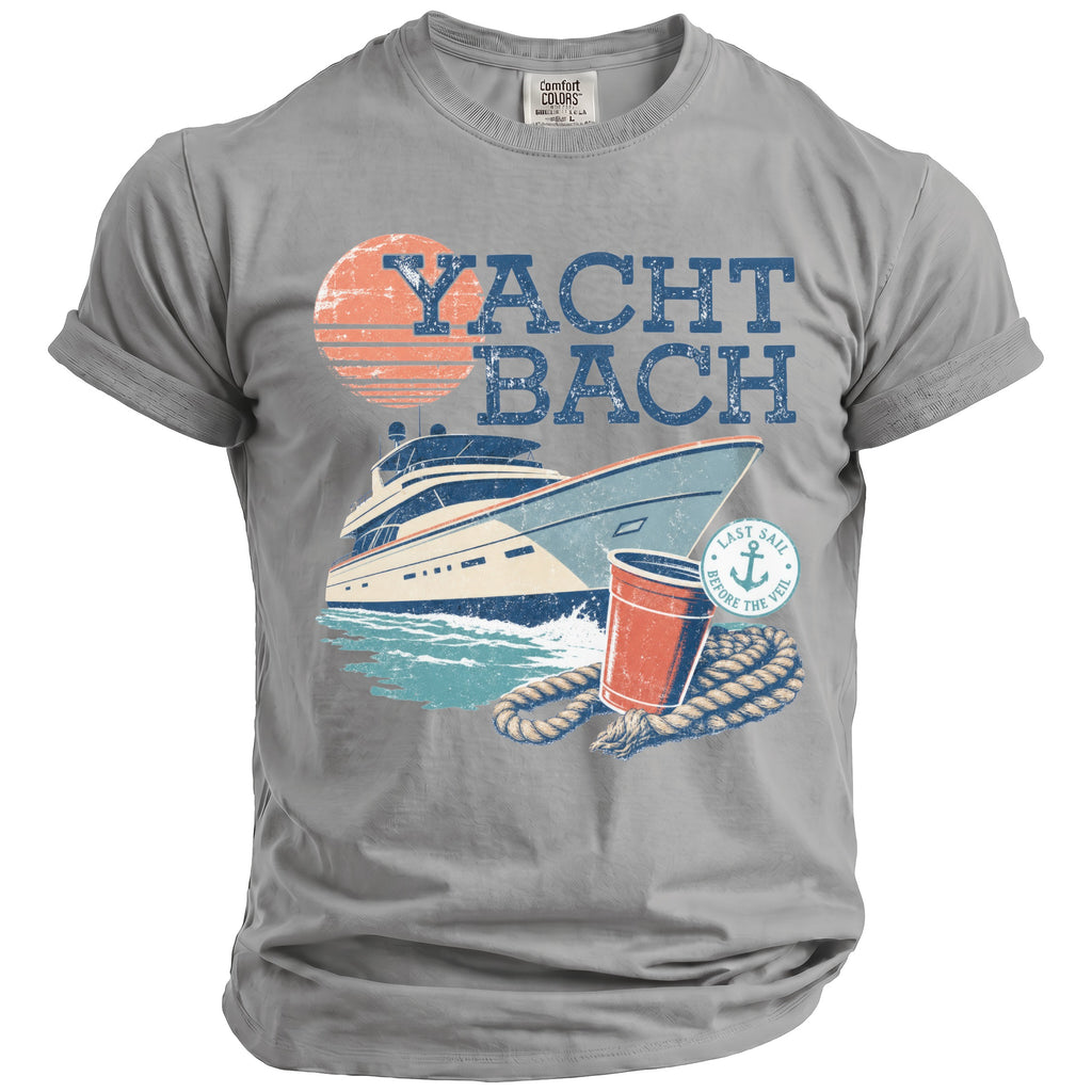 Gray t-shirt featuring a retro graphic with a yacht, sunset, and the text "Yacht Bach."