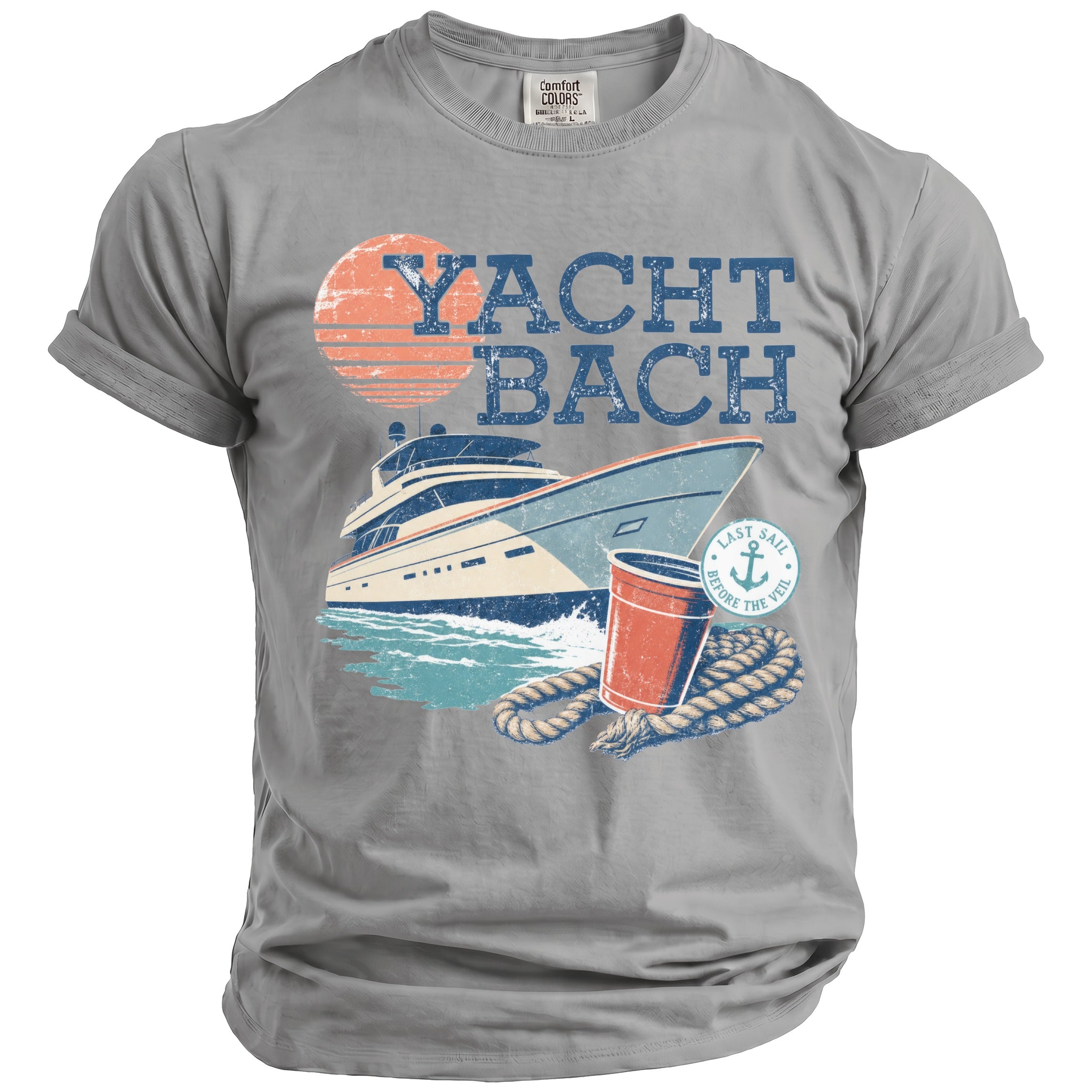 Gray t-shirt featuring a retro graphic with a yacht, sunset, and the text "Yacht Bach."
