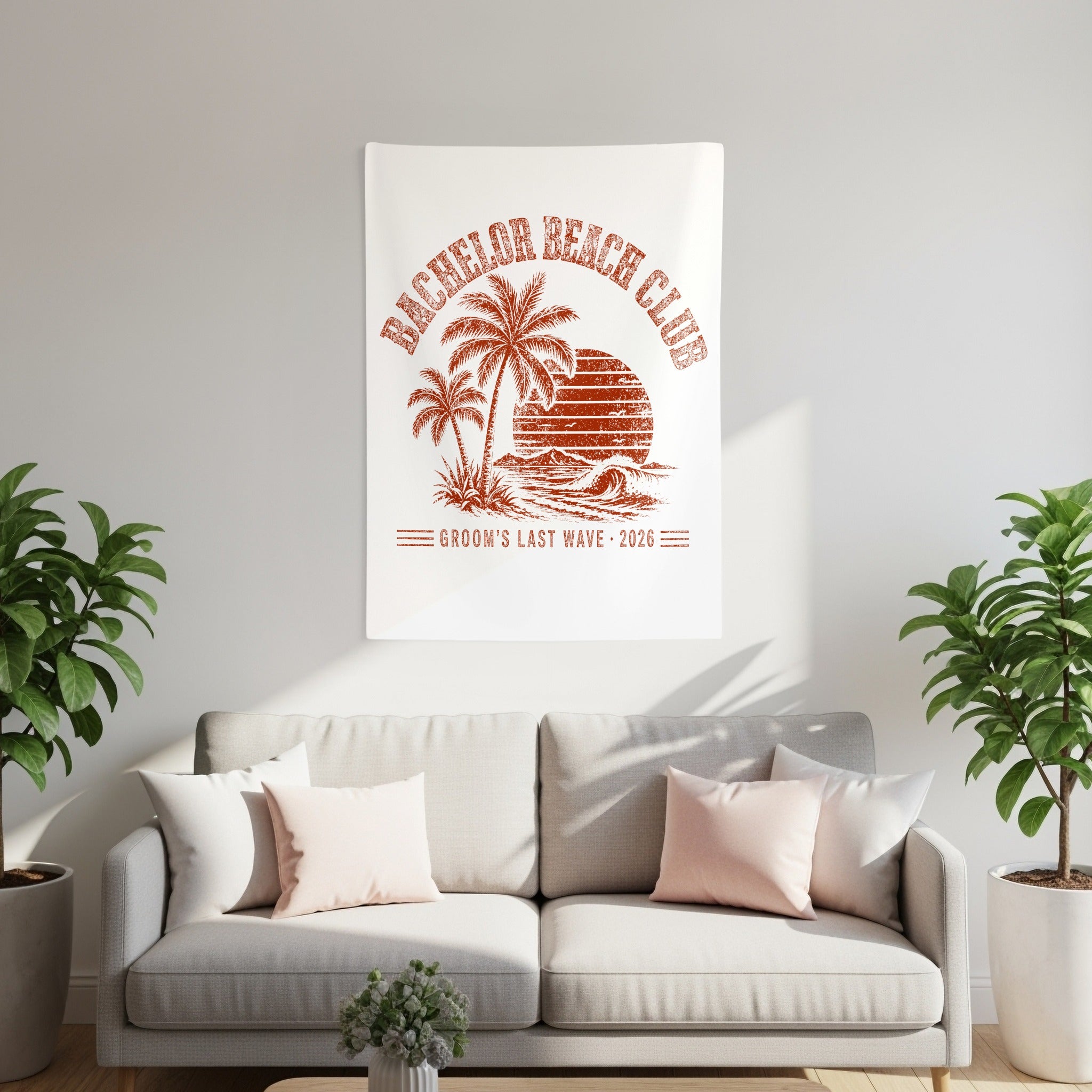 Bachelor Beach Club graphic with palms, sunset, waves, and "Groom's Last Wave 2026".