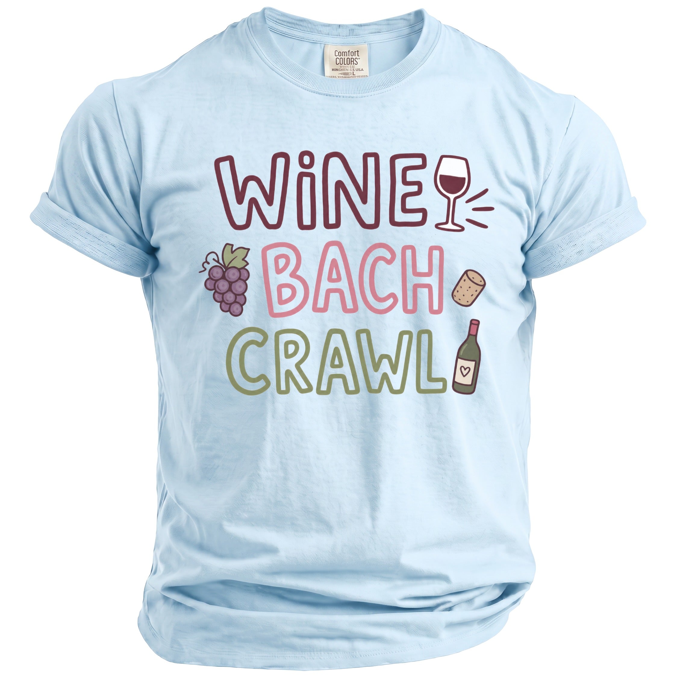 Light blue t-shirt with "WINE BACH CRAWL" text and wine-themed graphics.