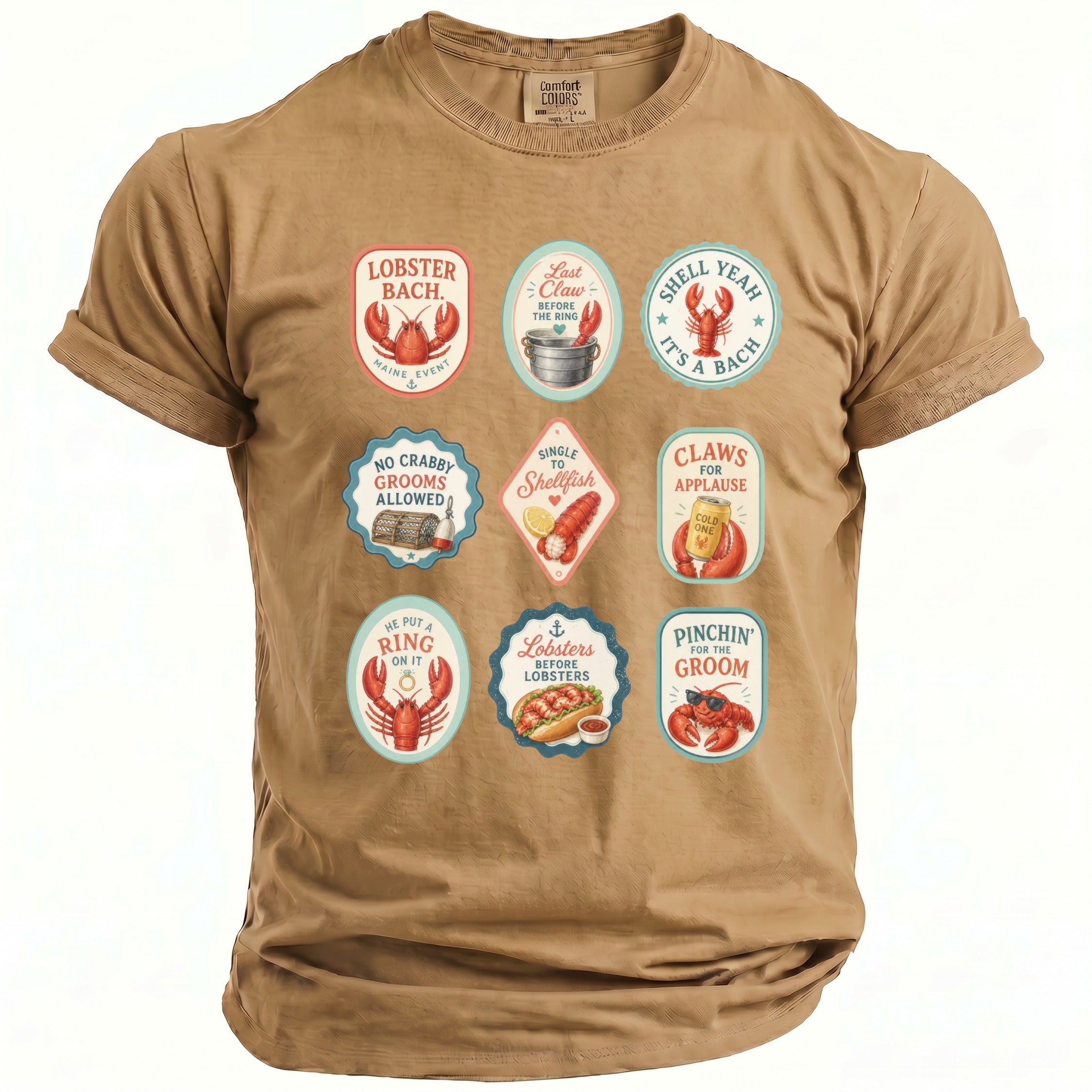 Tan t-shirt with multiple oval and diamond-shaped graphics featuring lobsters and nautical themes.